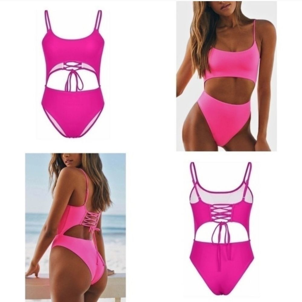 Meyeeka hot Pink Cut Out Swimsuit Back Lace Up Size large beach vacation NWT